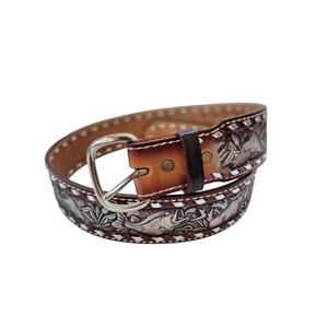 Brazos Joe Western Belt Unisex Size 34 Leather Brown Silver Embossed USA